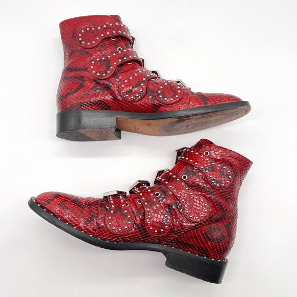 GIVENCHY Prue Ankle Boots Womens 35.5 Red Black Python Studded Buckle Bootie - Picture 6 of 12